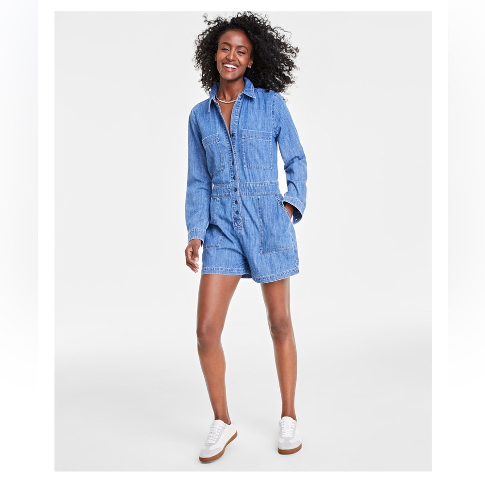 On 34th Women's Denim Long-Sleeve Utility Romper, Created for Macy's